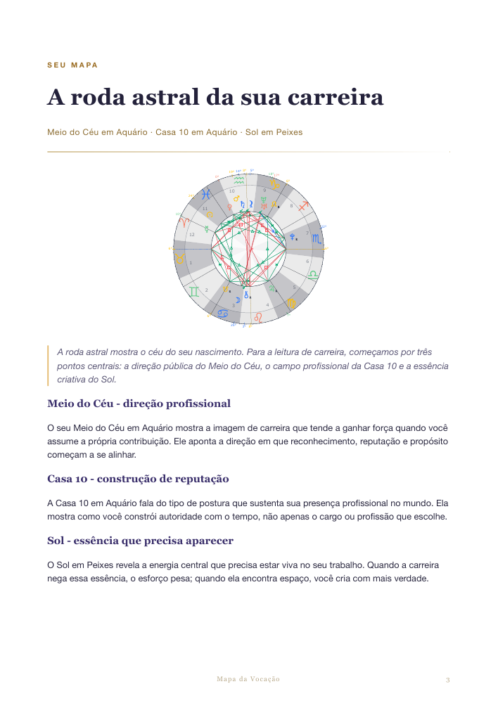 Página de exemplo com a roda astral de carreira