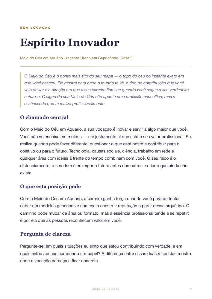 Página de exemplo da análise de vocação