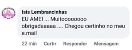 Relato: eu amei, muito obrigada, chegou certinho no meu e-mail